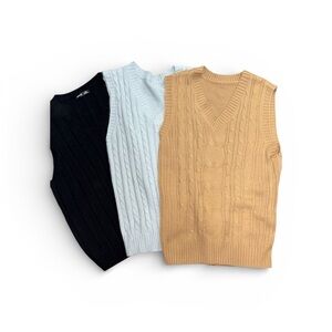167. V-Neck Men’sCable Knit Sweater Vest Set - Black, Gray, and Tan Size Medium